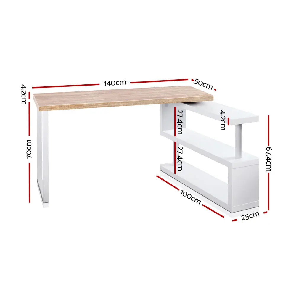 Artiss Rotary Corner Desk with Bookshelf - Brown & White Deals499