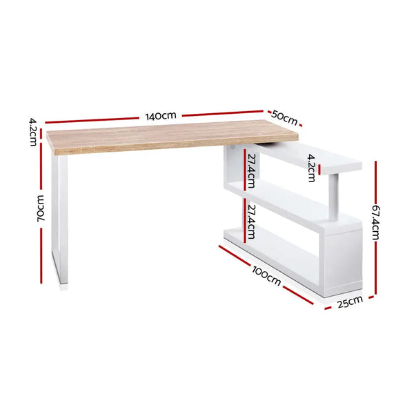 Artiss Rotary Corner Desk with Bookshelf - Brown & White Deals499