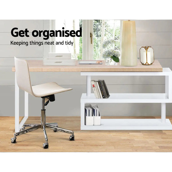 Artiss Rotary Corner Desk with Bookshelf - Brown & White Deals499