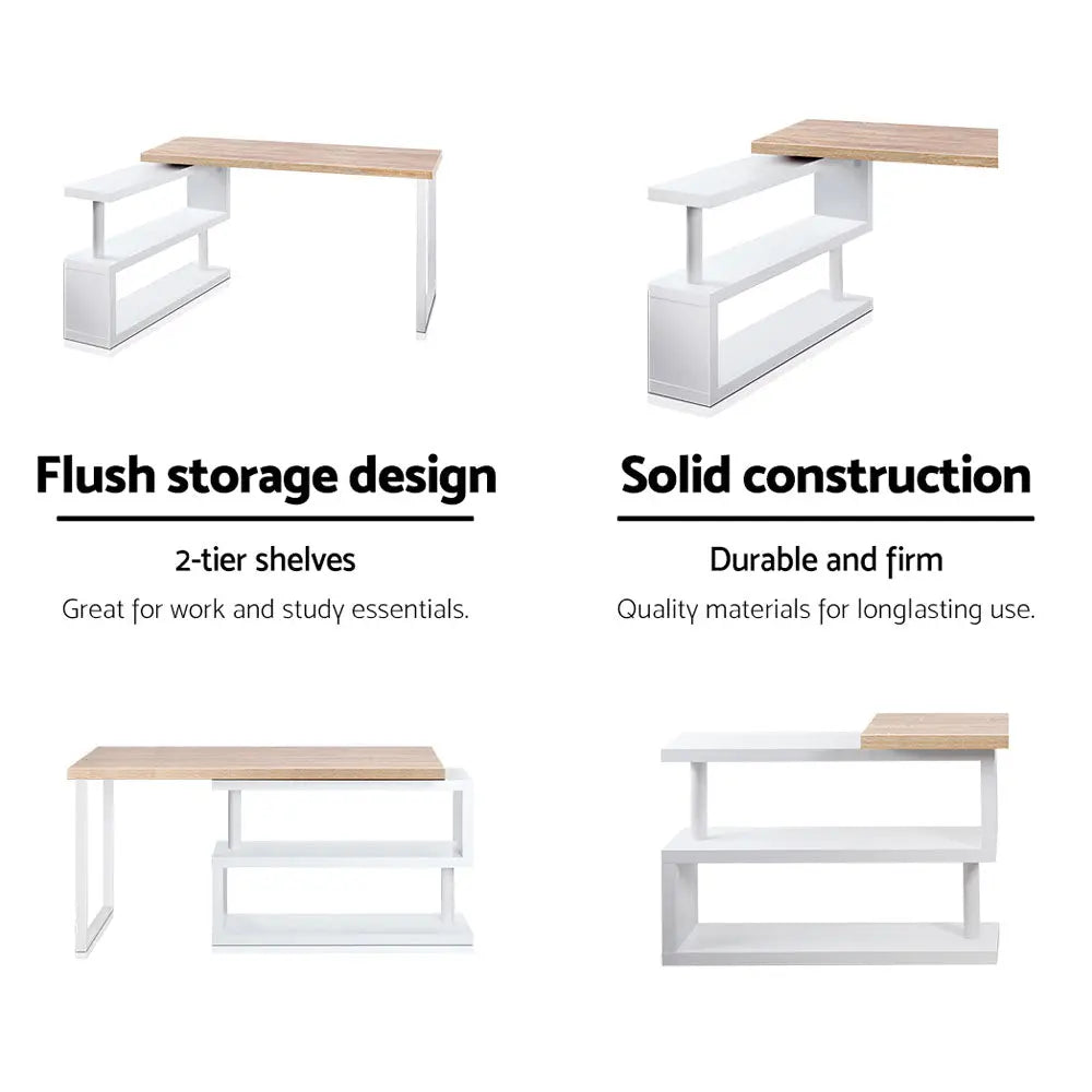 Artiss Rotary Corner Desk with Bookshelf - Brown & White Deals499