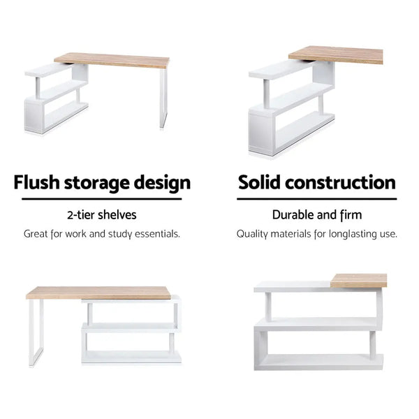 Artiss Rotary Corner Desk with Bookshelf - Brown & White Deals499