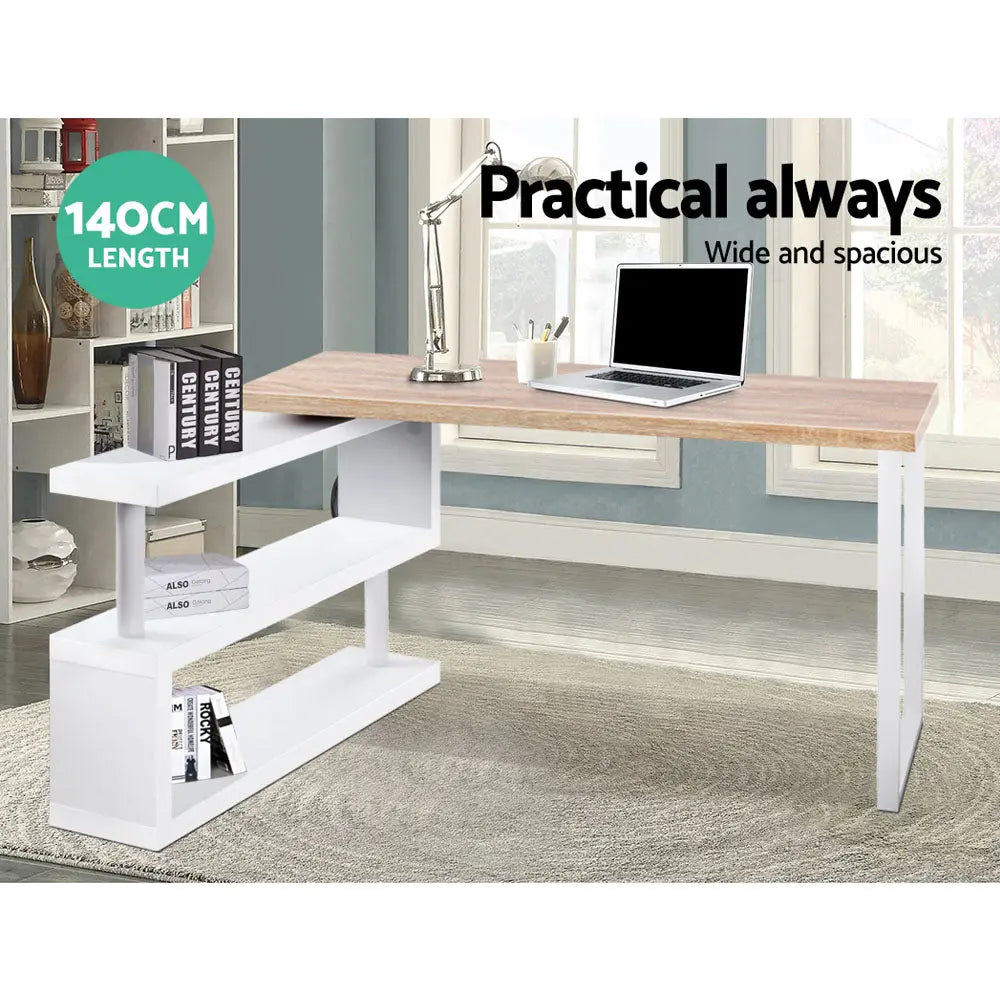 Artiss Rotary Corner Desk with Bookshelf - Brown & White Deals499