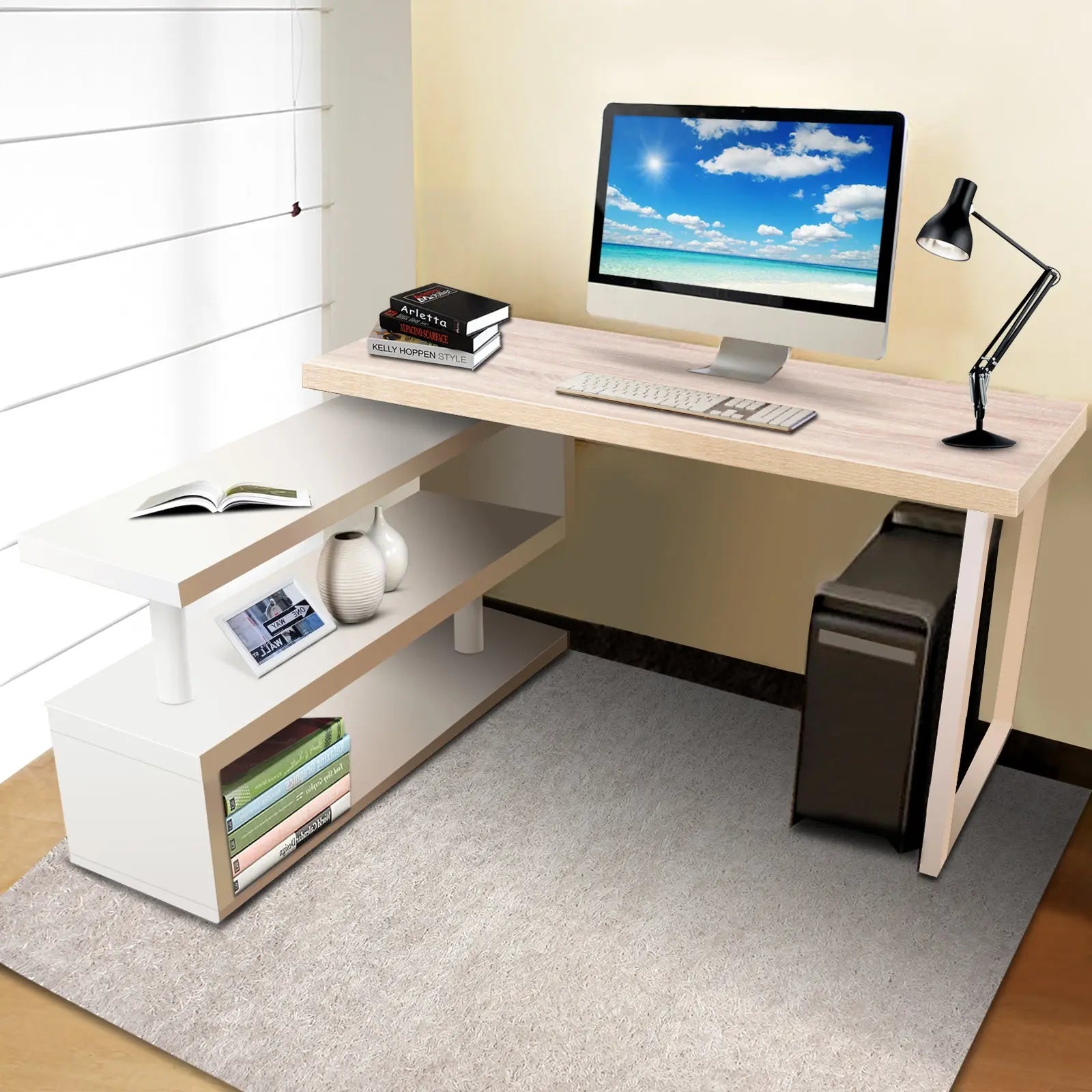 Artiss Rotary Corner Desk with Bookshelf - Brown & White Deals499