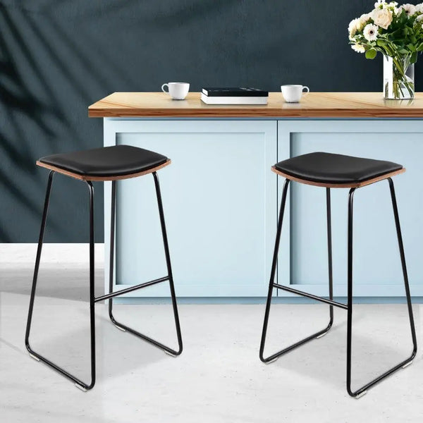Artiss Set of 2 Backless PU Leather Bar Stools - Black and Wood Deals499