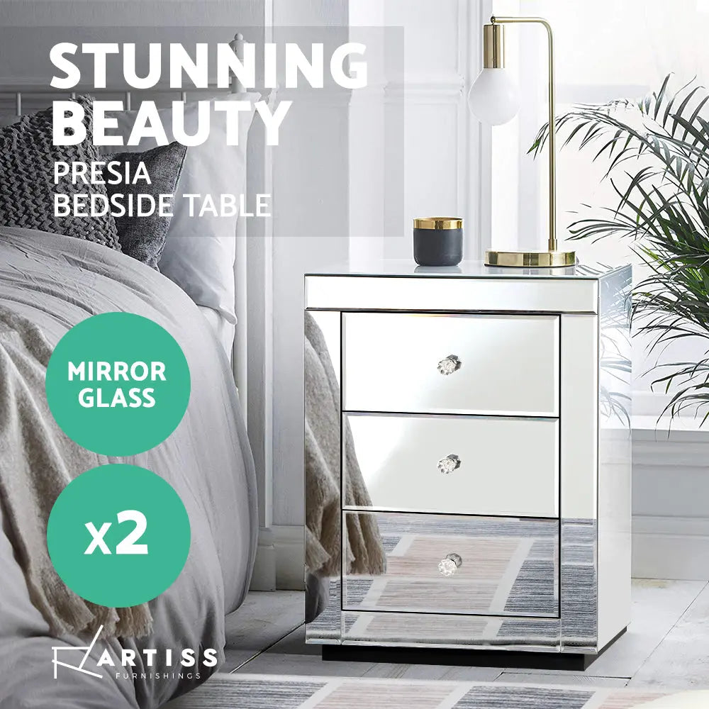 Artiss Set of 2 Bedside Tables Drawers Mirrored Side End Table Cabinet Nightstand Deals499
