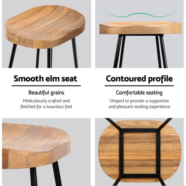 Artiss Set of 2 Elm Wood Backless Bar Stools 65cm - Black and Light Natural Deals499