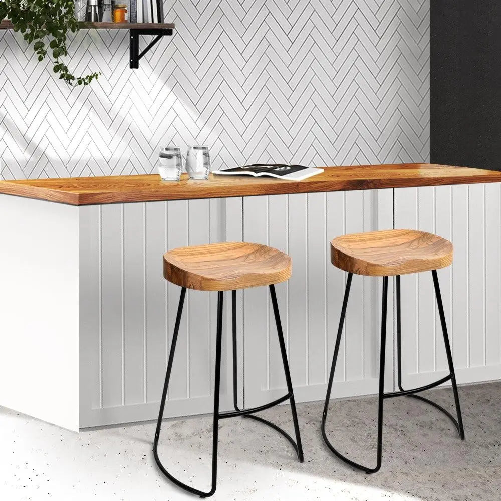 Artiss Set of 2 Elm Wood Backless Bar Stools 65cm - Black and Light Natural Deals499