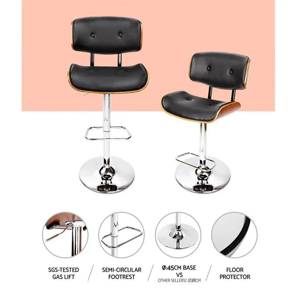 Artiss Set of 2 Wooden Gas Lift Bar Stools - Black and Chrome Deals499