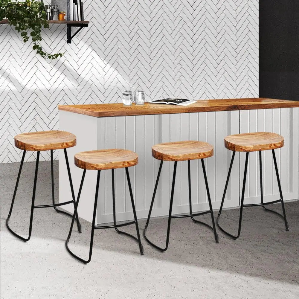 Artiss Set of 4 Elm Wood Backless Bar Stools 65cm - Black and Light Natural Deals499