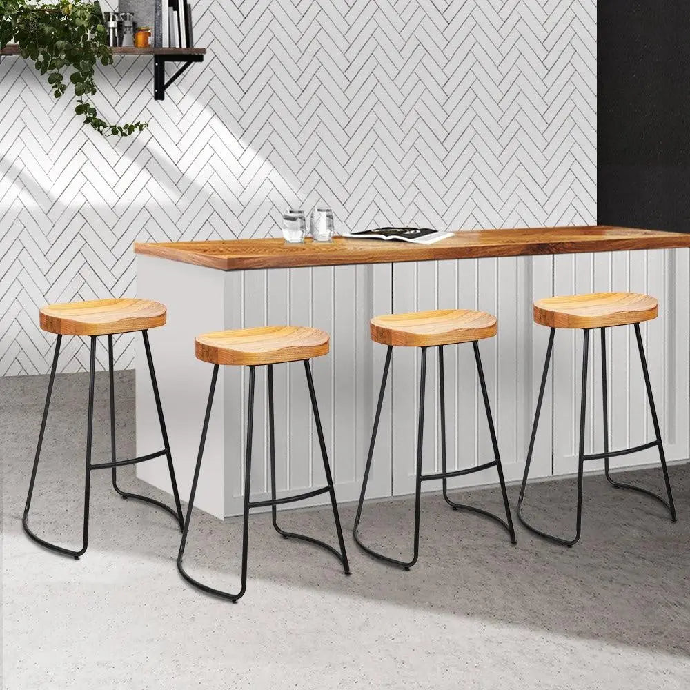 Artiss Set of 4 Elm Wood Backless Bar Stools 75cm - Black and Light Natural Deals499