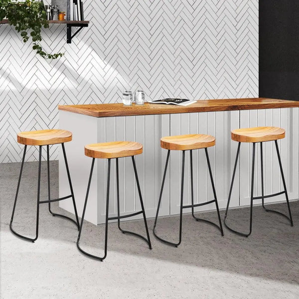 Artiss Set of 4 Elm Wood Backless Bar Stools 75cm - Black and Light Natural Deals499