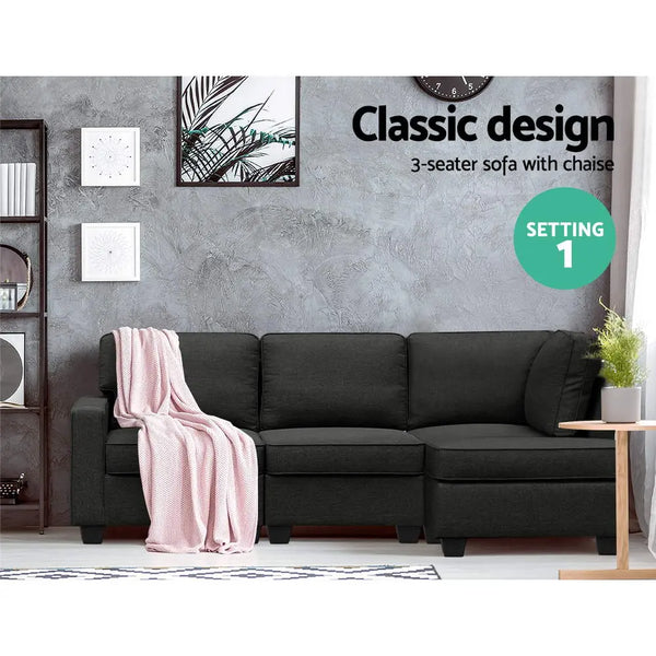 Artiss Sofa Lounge Set 4 Seater Modular Chaise Chair Couch Fabric Dark Grey Deals499
