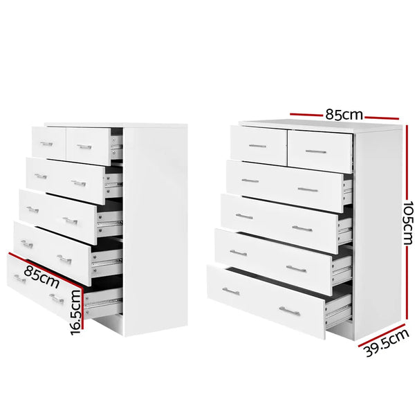 Artiss Tallboy Dresser Table 6 Chest of Drawers Cabinet Bedroom Storage White Deals499