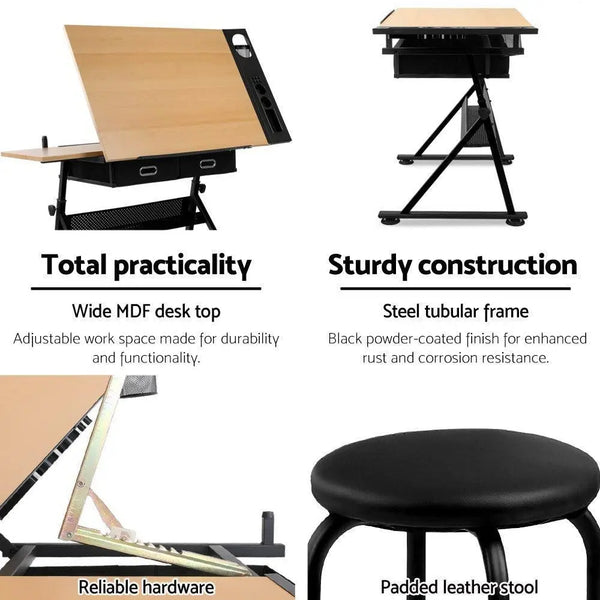 Artiss Tilt Drafting Table Stool Set - Natural & Black Deals499