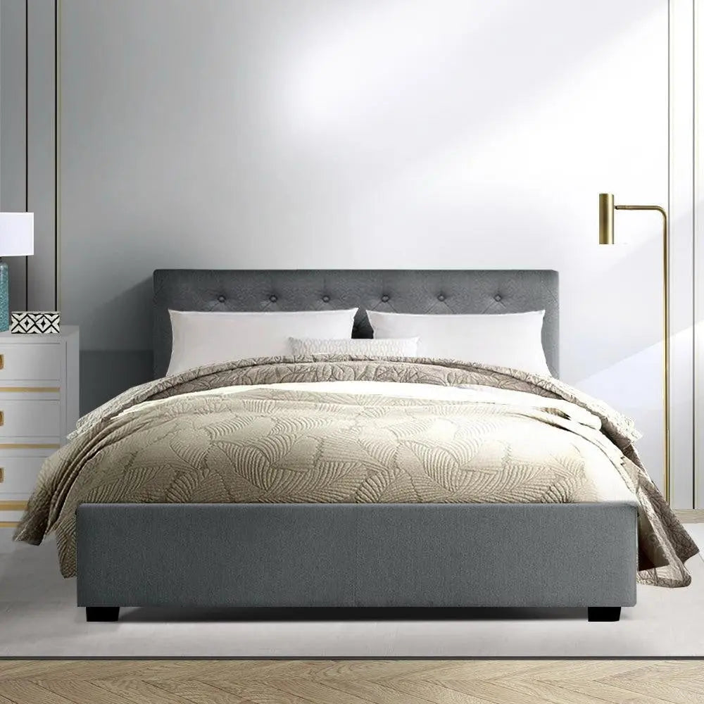 Artiss Vila Bed Frame Fabric Gas Lift Storage - Grey Double Deals499