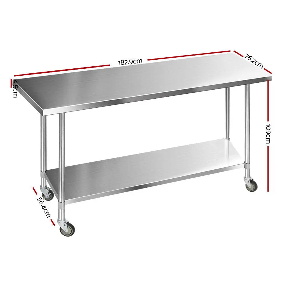 Cefito 1829 x 762mm Commercial Stainless Steel Kitchen Bench with 4pcs Castor Wheels Deals499