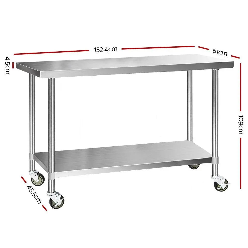 Cefito 304 Stainless Steel Kitchen Benches Work Bench Food Prep Table with Wheels 1524MM x 610MM Deals499