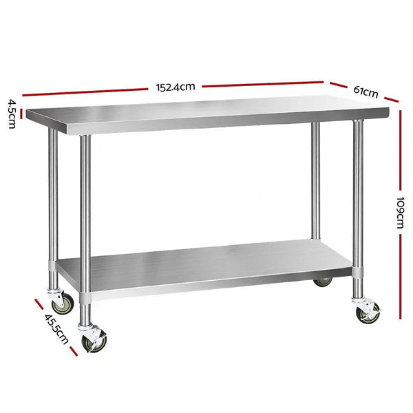 Cefito 430 Stainless Steel Kitchen Benches Work Bench Food Prep Table with Wheels 1524MM x 610MM Deals499