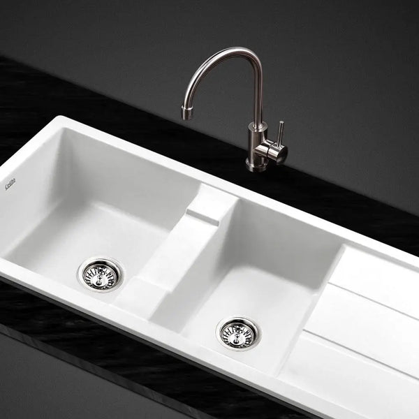 Cefito Stone Kitchen Sink 1160X500MM Granite Under/Topmount Basin Double Bowl White Deals499