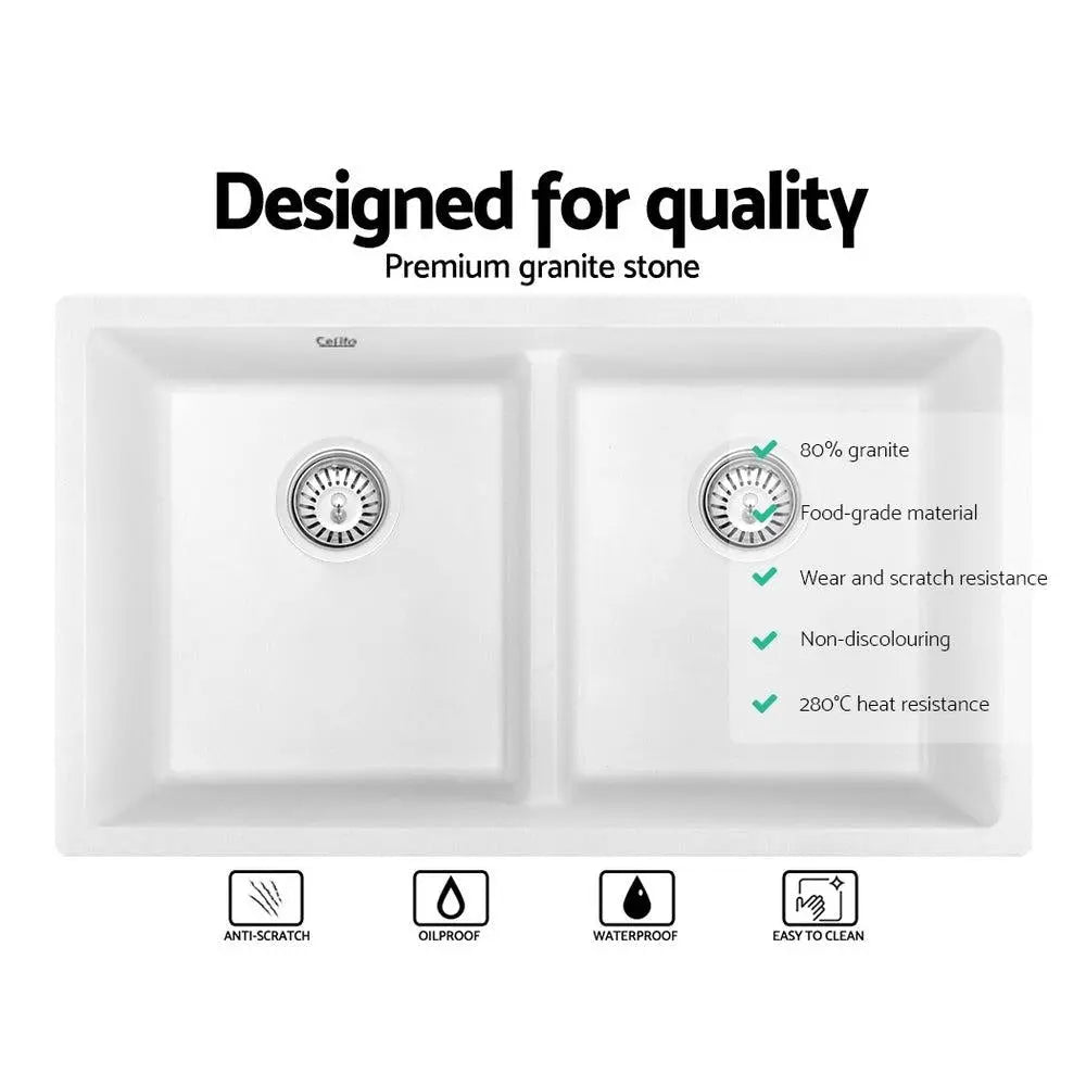 Cefito Stone Kitchen Sink 790X460MM Granite Under/Topmount Basin Double Bowl White Deals499