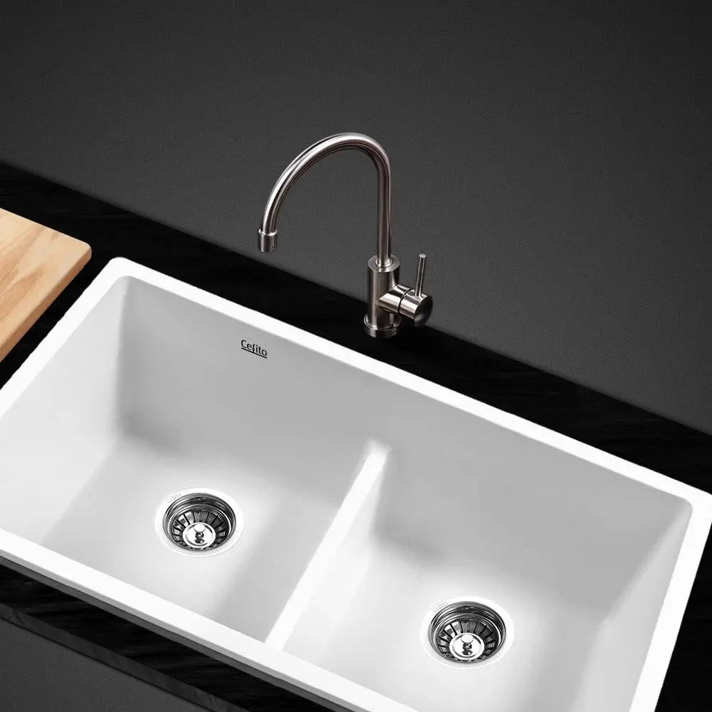 Cefito Stone Kitchen Sink 790X460MM Granite Under/Topmount Basin Double Bowl White Deals499
