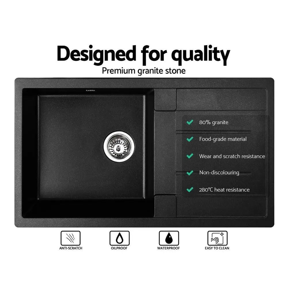 Cefito Stone Kitchen Sink 860X500MM Granite Under/Topmount Basin Bowl Laundry Black Deals499