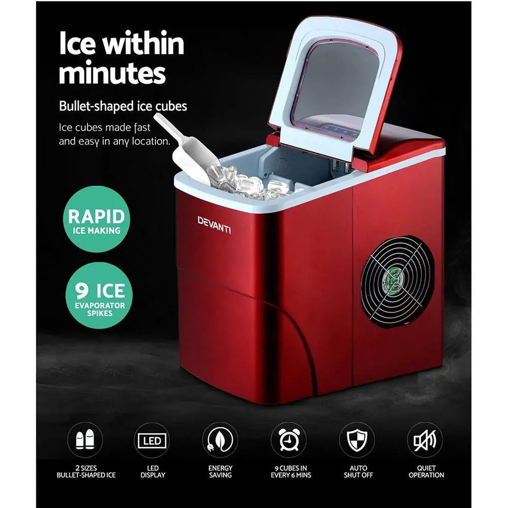 DEVANTi Portable Ice Cube Maker Machine 2L Home Bar Benchtop Easy Quick Red Deals499