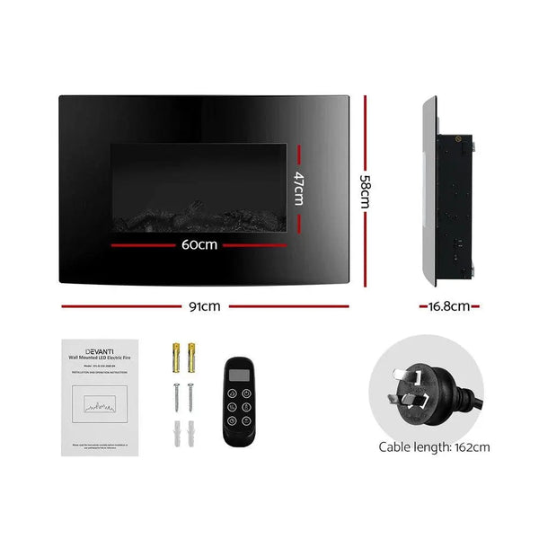 Devanti 2000W Wall Mounted Electric Fireplace Fire Log Wood Heater Realistic Flame Deals499