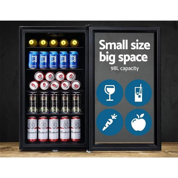 Devanti 98L Bar Fridge Glass Door Mini Freezer Fridges Countertop Beverage Commercial Deals499