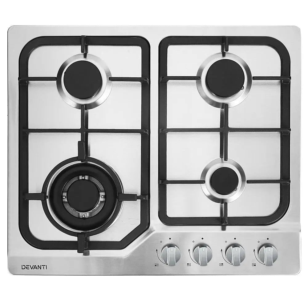 Devanti Gas Cooktop 60cm Gas Stove Cooker 4 Burner Cook Top Konbs NG LPG Steel Deals499