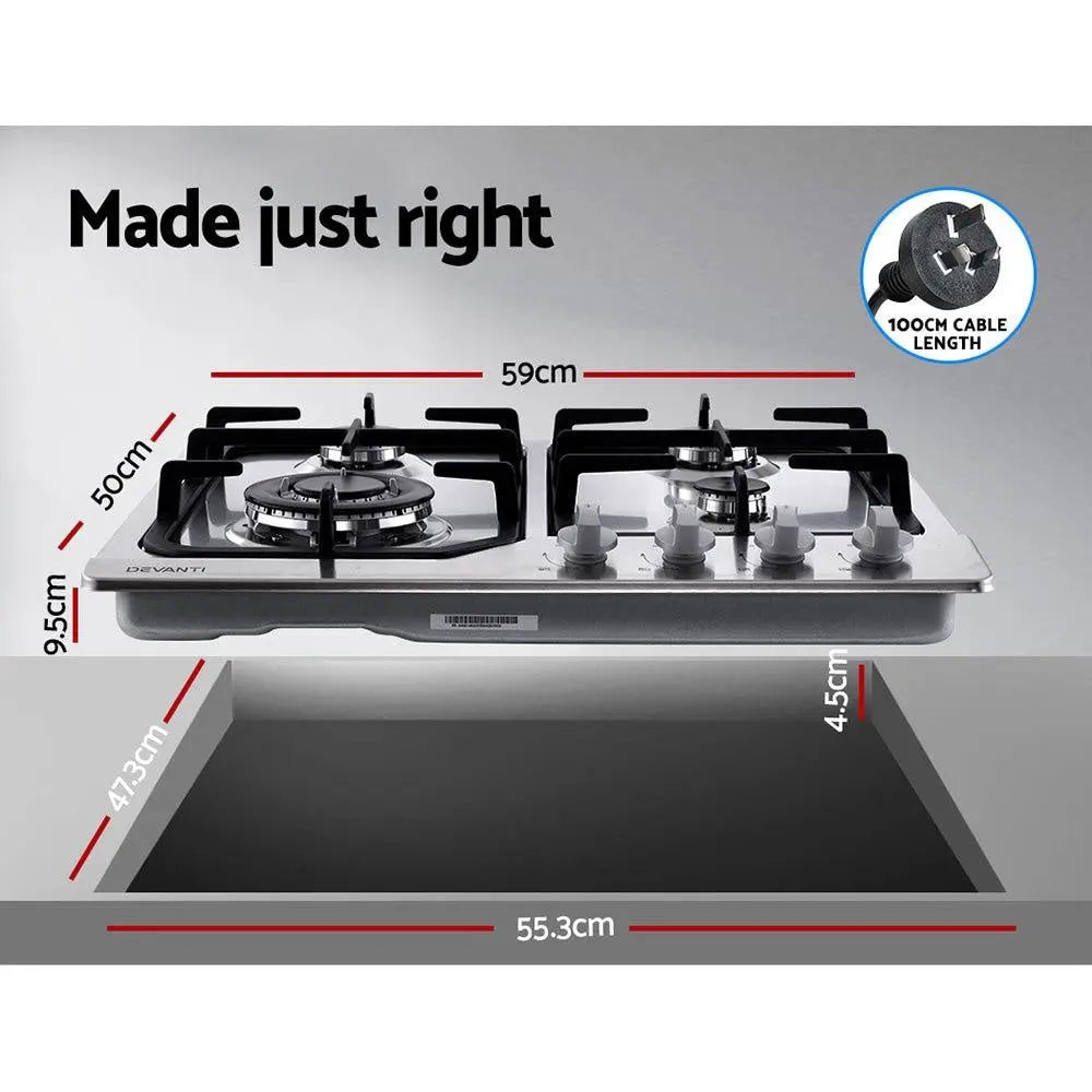 Devanti Gas Cooktop 60cm Gas Stove Cooker 4 Burner Cook Top Konbs NG LPG Steel Deals499