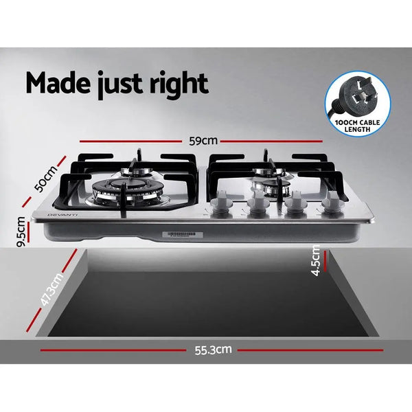 Devanti Gas Cooktop 60cm Gas Stove Cooker 4 Burner Cook Top Konbs NG LPG Steel Deals499