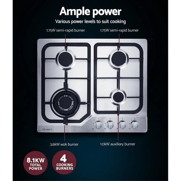 Devanti Gas Cooktop 60cm Gas Stove Cooker 4 Burner Cook Top Konbs NG LPG Steel Deals499