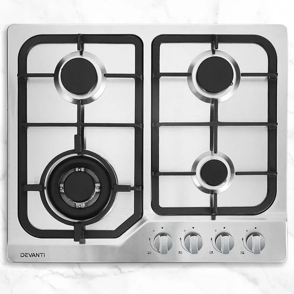 Devanti Gas Cooktop 60cm Gas Stove Cooker 4 Burner Cook Top Konbs NG LPG Steel Deals499