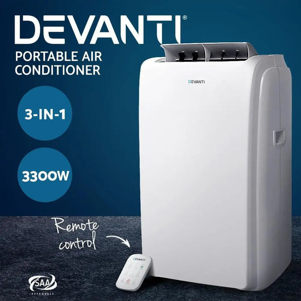 Devanti Portable Air Conditioner Cooling Mobile Fan Cooler Remote Window Kit White 3300W Deals499