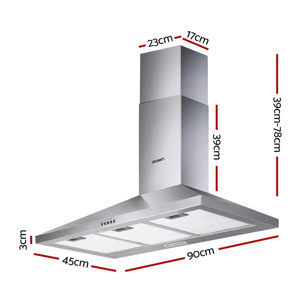 Devanti Range Hood 90cm 900mm Kitchen Canopy Stainless Steel Rangehood Wall Mount Deals499