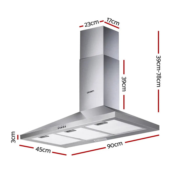 Devanti Range Hood 90cm 900mm Kitchen Canopy Stainless Steel Rangehood Wall Mount Deals499