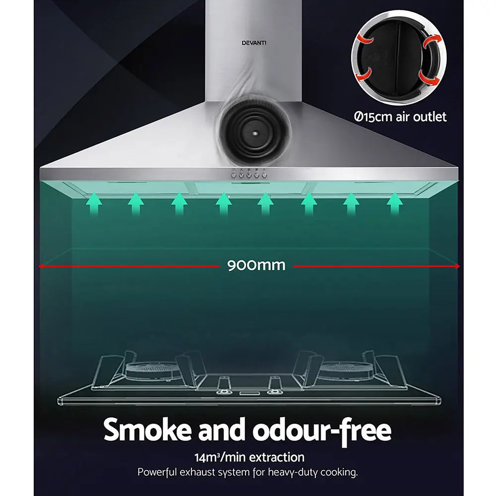 Devanti Range Hood 90cm 900mm Kitchen Canopy Stainless Steel Rangehood Wall Mount Deals499