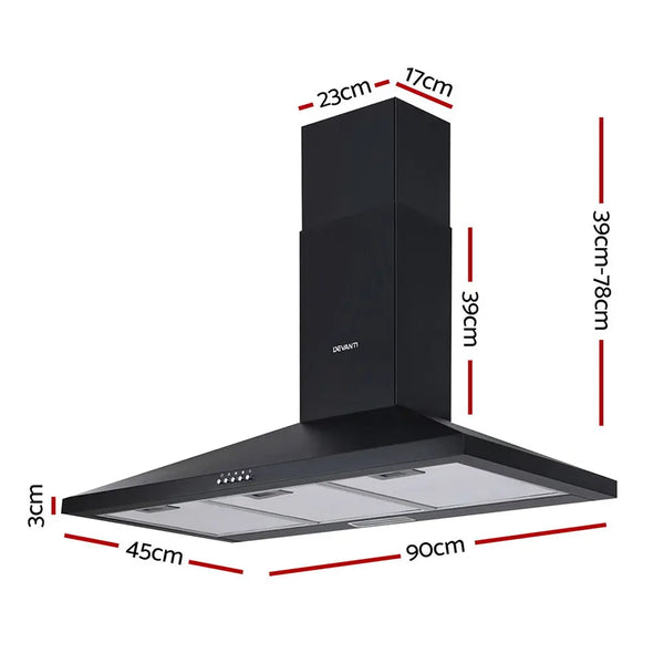 Devanti Range Hood Rangehood 90cm 900mm Kitchen Canopy LED Light Wall Mount Black Deals499