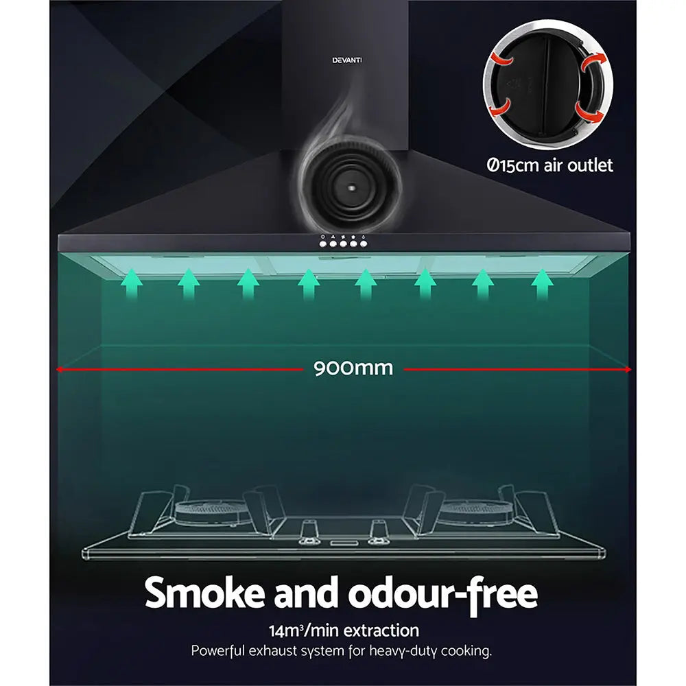 Devanti Range Hood Rangehood 90cm 900mm Kitchen Canopy LED Light Wall Mount Black Deals499