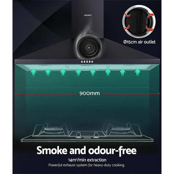 Devanti Range Hood Rangehood 90cm 900mm Kitchen Canopy LED Light Wall Mount Black Deals499