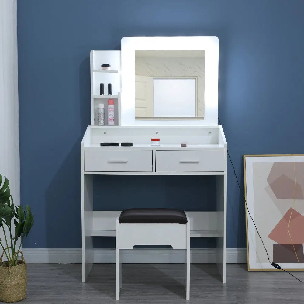 Diana Vanity Set with Shelves Cushioned Stool and Lighted Mirror- White Deals499