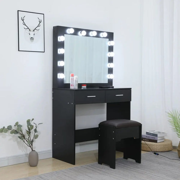 Fidel Vanity Set with Cushioned Stool and Lighted Mirror- Black Deals499