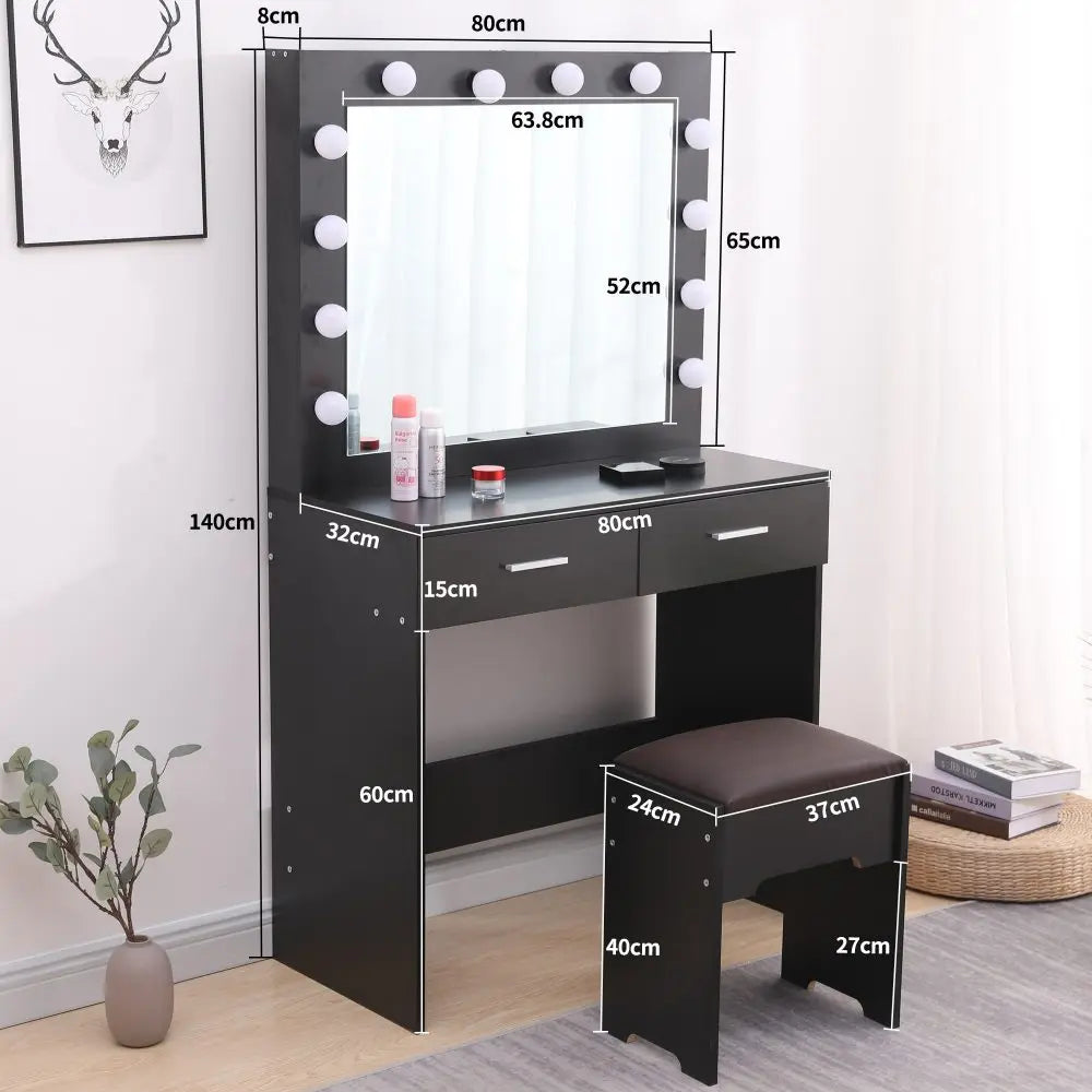 Fidel Vanity Set with Cushioned Stool and Lighted Mirror- Black Deals499