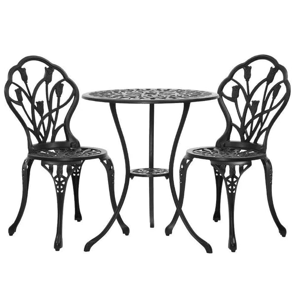 Gardeon 3PC Outdoor Setting Cast Aluminium Bistro Table Chair Patio Black Deals499