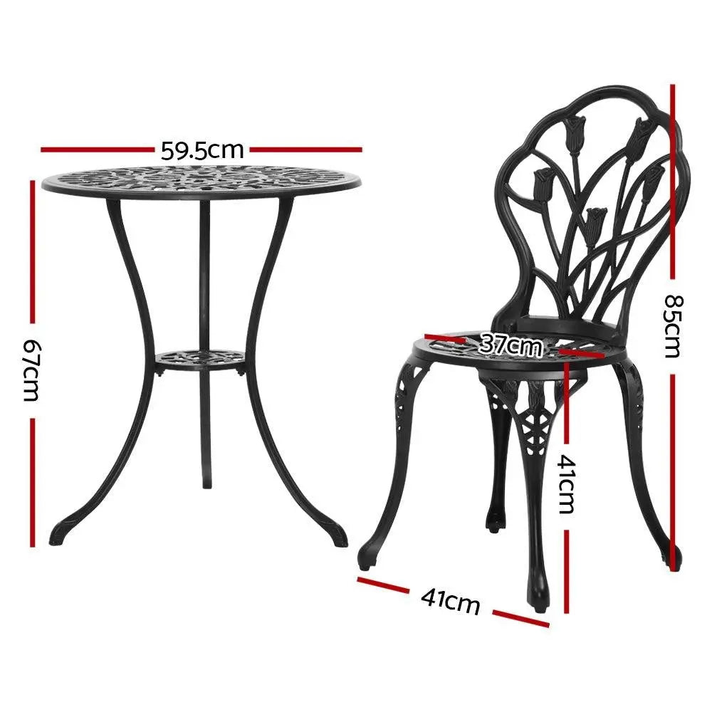 Gardeon 3PC Outdoor Setting Cast Aluminium Bistro Table Chair Patio Black Deals499