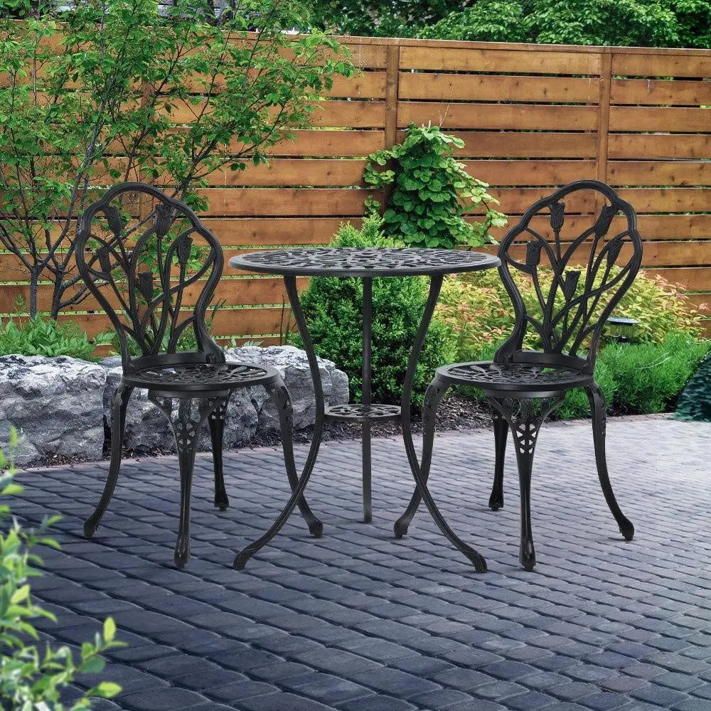 Gardeon 3PC Outdoor Setting Cast Aluminium Bistro Table Chair Patio Black Deals499