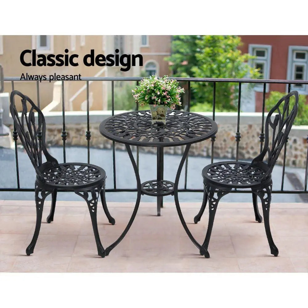 Gardeon 3PC Outdoor Setting Cast Aluminium Bistro Table Chair Patio Black Deals499