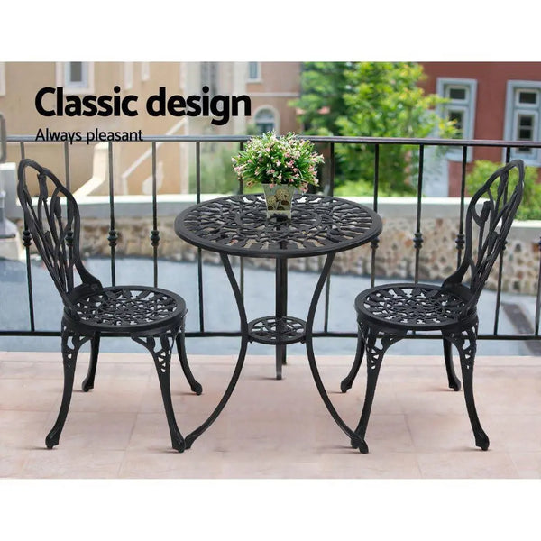 Gardeon 3PC Outdoor Setting Cast Aluminium Bistro Table Chair Patio Black Deals499