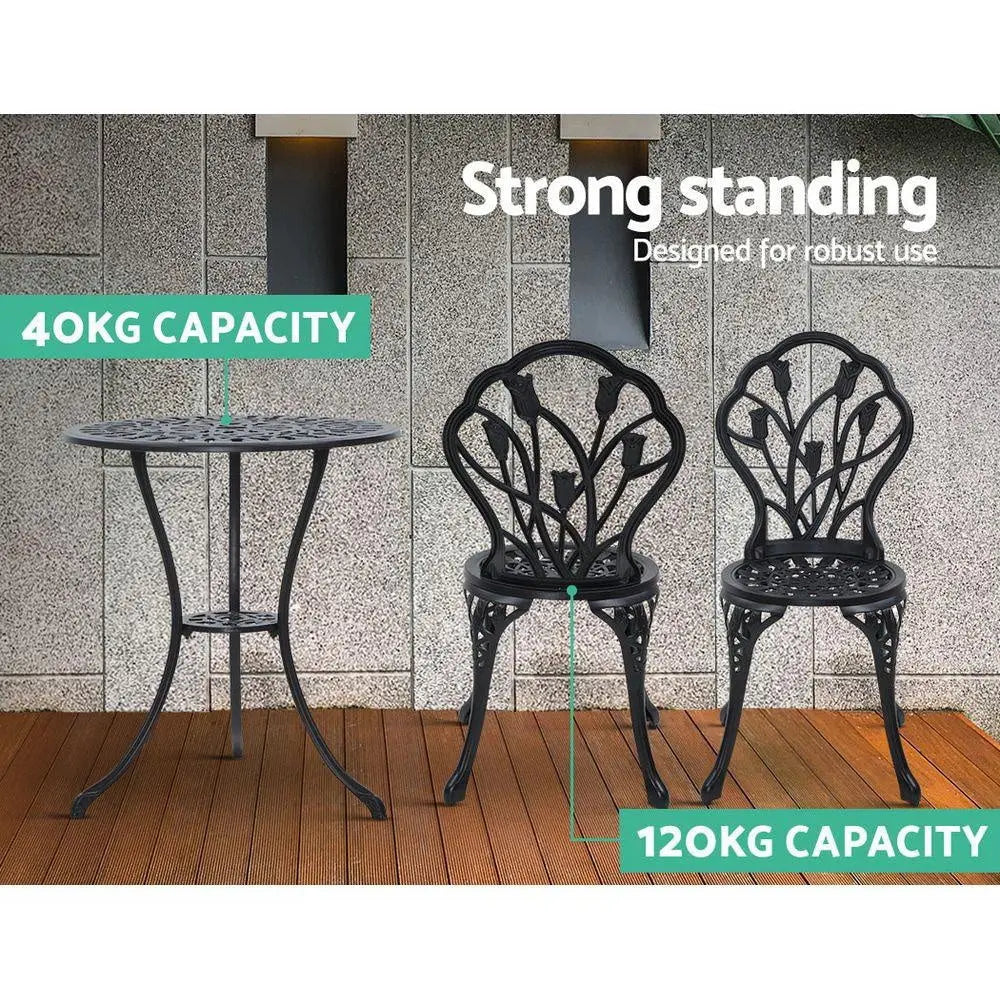 Gardeon 3PC Outdoor Setting Cast Aluminium Bistro Table Chair Patio Black Deals499